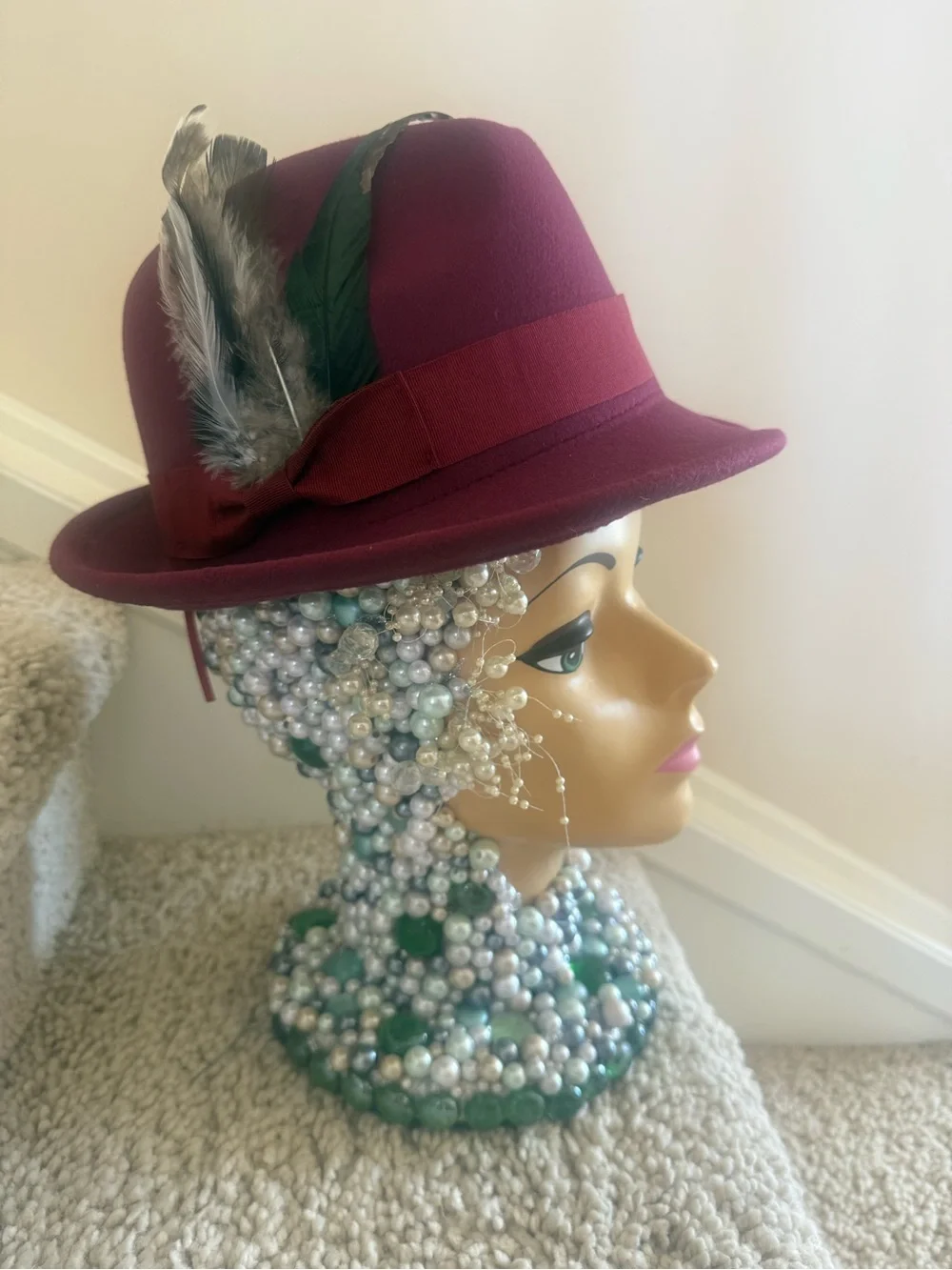Pandora Burgundy Feather Trim Fedora Hat